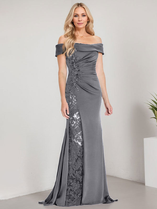 Vestido de sirena con escote en A, hombros descubiertos y largo hasta el suelo para madre de la novia, apliques y cuentas, con abertura alta 