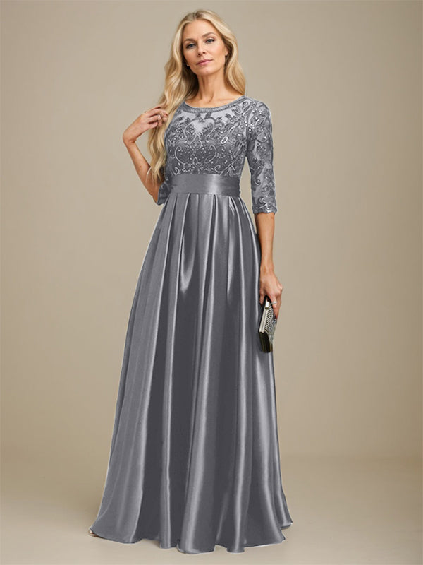 A-Linien-Kleid mit Illusion-Ausschnitt, bodenlang, aus Stretch-Satin und Spitze, verziert mit Schleife und Pailletten, für die Mutter der Braut 
