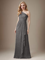 Rubinrotes Etuikleid mit One-Shoulder-Schulter und Metallic-Mesh-Optik, Brautmutterkleid