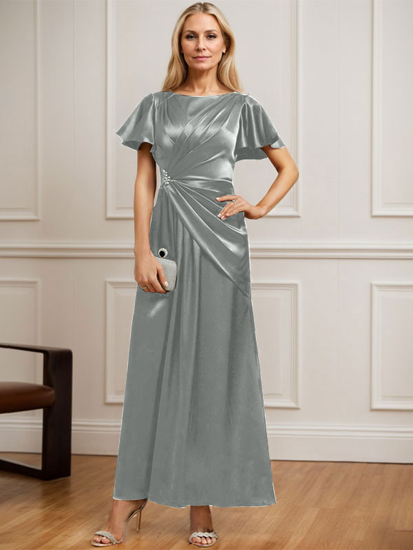 Vestido de madre de la novia de satén elástico con escote redondo y largo hasta los tobillos, corte en A y cuentas plisadas 