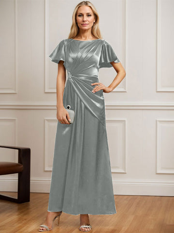 A-Linien-Kleid aus Stretch-Satin mit Rundhalsausschnitt und knöchellanger Verarbeitung für die Mutter der Braut, verziert mit plissierten Perlen. 