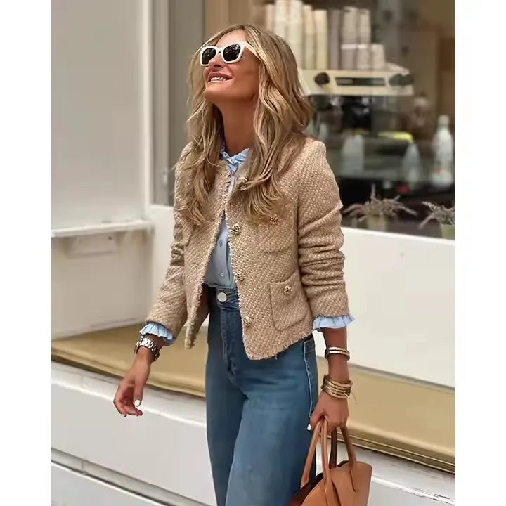 Elegant Women Camel Tweed Jacket 2025 Autumn Long Sleeve Button Frayed Cropped Jacket Female Fashion O-neck Pocket Short Coats