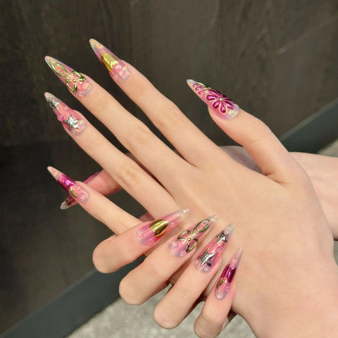 Island Vacation Style Spicy Girl Painted Magic Mirror pink Floral Handcrafted Wearable Nails