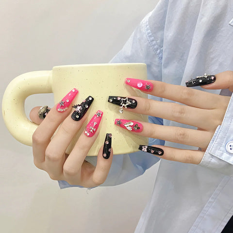 High Quality French Reusable Glue Glitter Luxury Millennial Hot Girl Sweet Cool Style Handmade Stick-on Nails