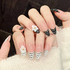 Handmade Press Ons 3D Flower High Quality White and Black Classic French Nail Art  Almond Artificial Nail Tips