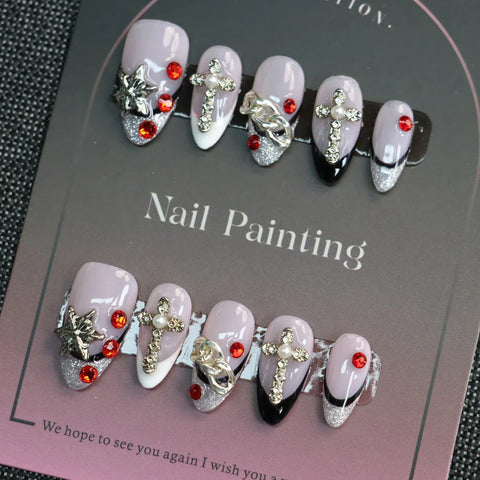Purple French False Nails Short Almond Press on Nails 3D Diamonds Handmade Fake Nails