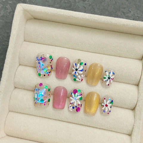Sweet Hand-painted Small Florals  Glue Artificial Fingernail Shiny Diamond  Artificial False Press on  Nails