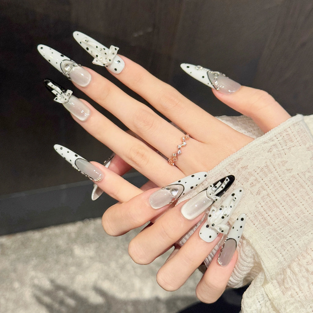 High Quality Handmade Cat Eye Press on Nails Luxury White Black Polka Dot 3D Bowknot French Extra Long Nail Tips