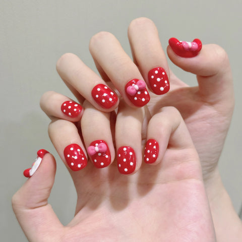 Premium Handmade Press on Nails Cute Cartoon Short Gel Nail for Girls 3D Artificial Fingernails Polk Dot Nail Art
