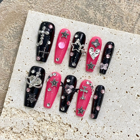 High Quality French Reusable Glue Glitter Luxury Millennial Hot Girl Sweet Cool Style Handmade Stick-on Nails
