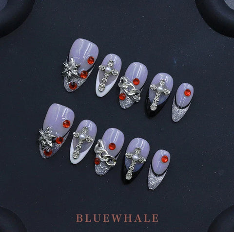 Purple French False Nails Short Almond Press on Nails 3D Diamonds Handmade Fake Nails