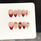 Spring Summer Flower Nail Art Short Almond Mushroom Nails Painting Red French Tips Handmade 10pcs Press on Nails