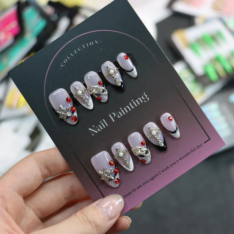 Purple French False Nails Short Almond Press on Nails 3D Diamonds Handmade Fake Nails