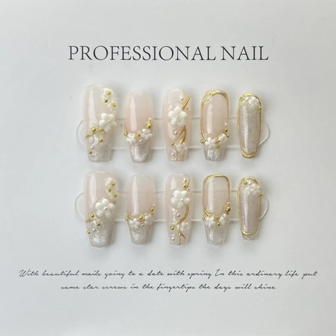 Handmade 10pcs/Set Stick on Nails 3D Flower Nail Art Ballerina Shape Fashionable Trending Ins False Nails