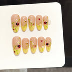 Spring Summer Medium Oval Nails Handmade Cute Ladybug Nail Art Yellow Flower French Artificial Press on False Nails