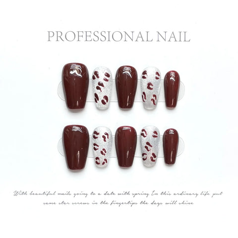 Short Almond square Press on Nails Private Label Red Cat-eye Leopard Print Stick on Nails