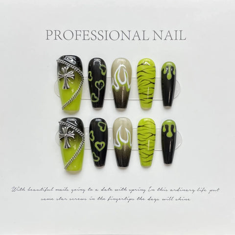 Forest Elf Green Premium White Hand Painted Nail Removable Press on Nail
