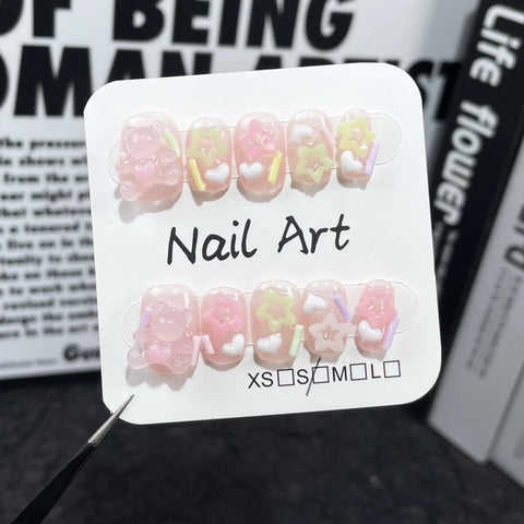 Sweet and Cute Little Bear Handmade Nail Art Stickers Ice Transparent Short Wearable Nail Wearable Nail