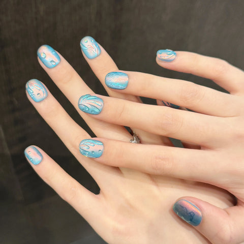 High Quality Ocean Blue Y2K Short Round 10pcs Press on Nails Handmade Custom Logo Artificial Acrylic Gel Nails