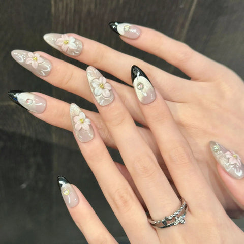 10pcs Handmade Acrylic Designer Press-on Nails 3D Flower Almond French Style Nail Art False Nails