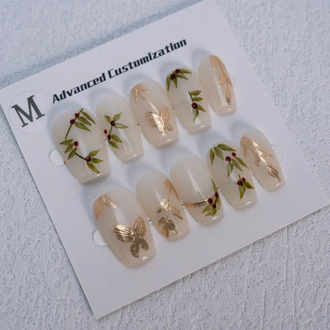 Pure Hand Painting Aesthetic Flowers Artificial Nails Handmade False Nails