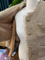 Elegant Women Camel Tweed Jacket 2025 Autumn Long Sleeve Button Frayed Cropped Jacket Female Fashion O-neck Pocket Short Coats