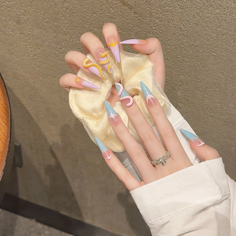 Blue pink Gradient Snake Is Purely Handmade Stick on Nails
