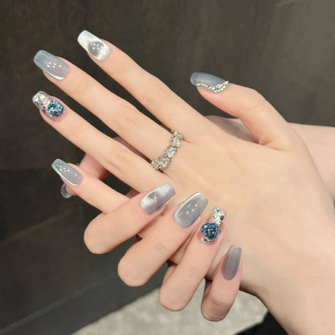 Wholesale Custom Blue Cat Eye Glitter Nails Luxury 10pcs Press on Nail Handmade Rhinestones Nail Charms