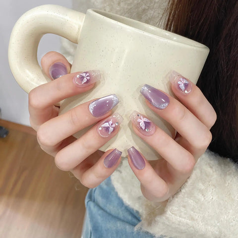Purple Cat Eye Hand Painted Butterfly Artificial Short Nails Detachable Press on Nails