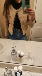 Elegant Women Camel Tweed Jacket 2025 Autumn Long Sleeve Button Frayed Cropped Jacket Female Fashion O-neck Pocket Short Coats