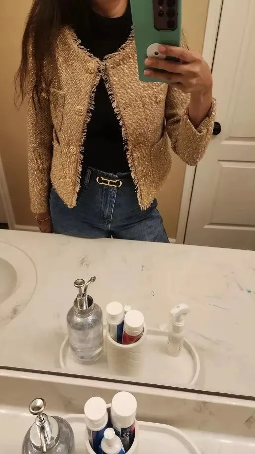 Elegant Women Camel Tweed Jacket 2025 Autumn Long Sleeve Button Frayed Cropped Jacket Female Fashion O-neck Pocket Short Coats