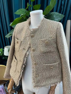 Elegant Women Camel Tweed Jacket 2025 Autumn Long Sleeve Button Frayed Cropped Jacket Female Fashion O-neck Pocket Short Coats