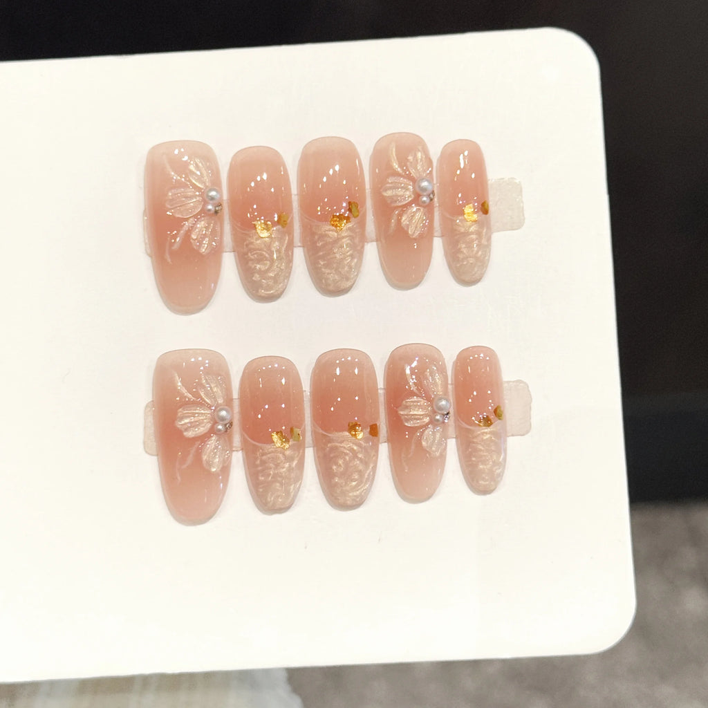 High Quality Luxury Custom Logo Handmade  Artificial Medium Length Oval Milky Pink Camellia Press on Nails Art
