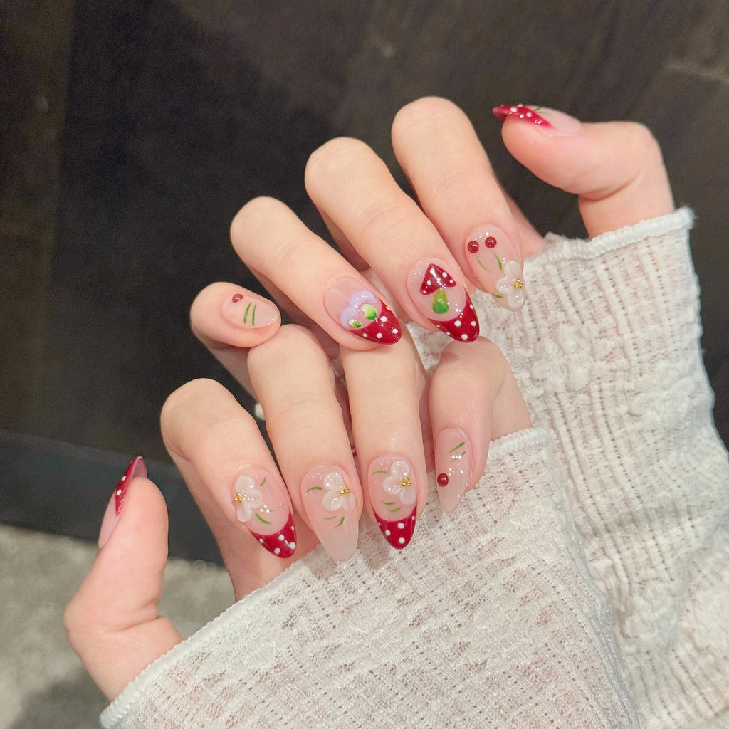 Spring Summer Flower Nail Art Short Almond Mushroom Nails Painting Red French Tips Handmade 10pcs Press on Nails