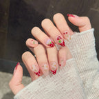 Spring Summer Flower Nail Art Short Almond Mushroom Nails Painting Red French Tips Handmade 10pcs Press on Nails