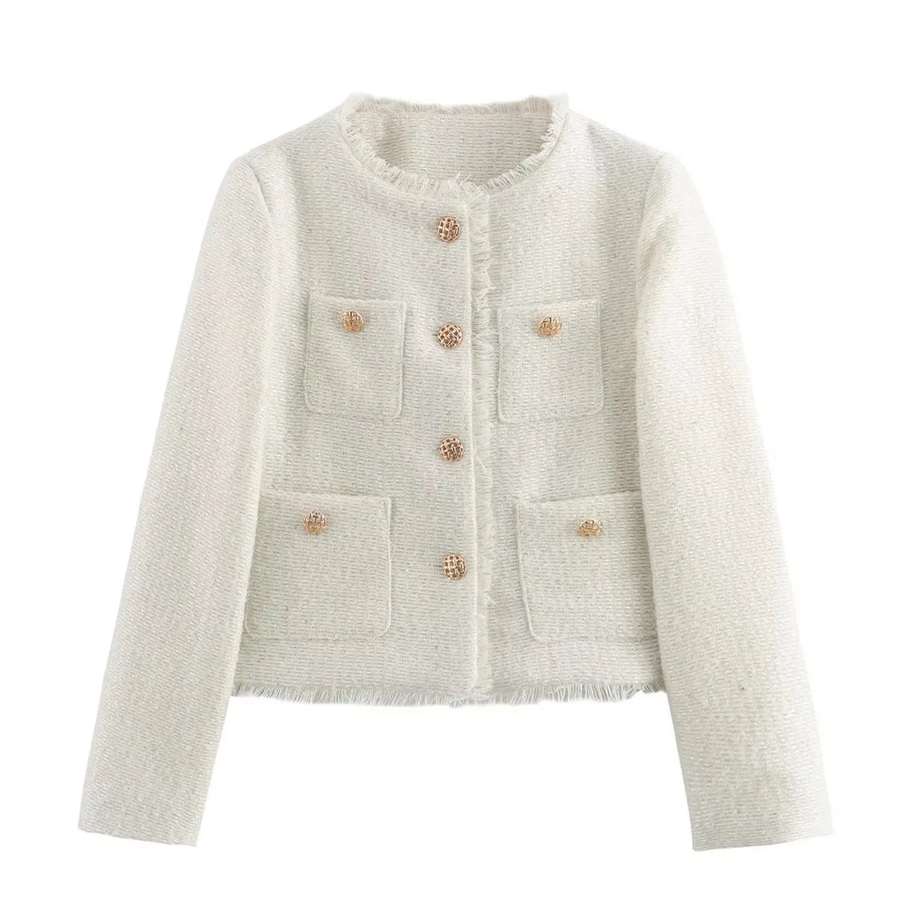 Elegant Women Camel Tweed Jacket 2025 Autumn Long Sleeve Button Frayed Cropped Jacket Female Fashion O-neck Pocket Short Coats