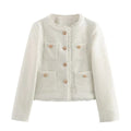 Elegant Women Camel Tweed Jacket 2025 Autumn Long Sleeve Button Frayed Cropped Jacket Female Fashion O-neck Pocket Short Coats