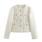 Elegant Women Camel Tweed Jacket 2025 Autumn Long Sleeve Button Frayed Cropped Jacket Female Fashion O-neck Pocket Short Coats