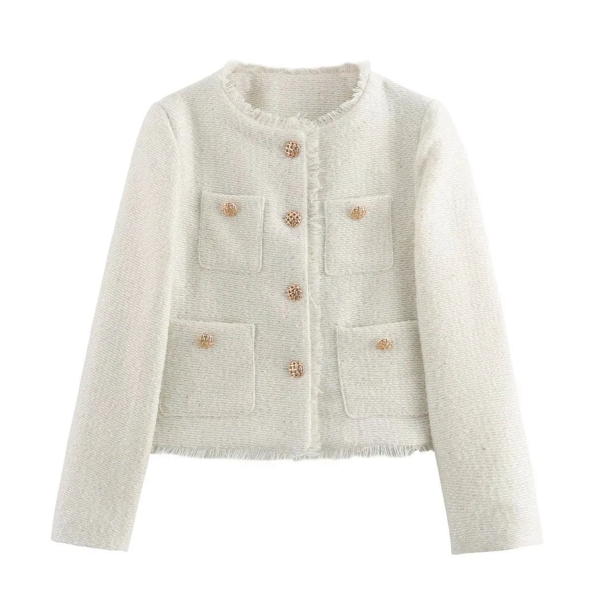 Elegant Women Camel Tweed Jacket 2025 Autumn Long Sleeve Button Frayed Cropped Jacket Female Fashion O-neck Pocket Short Coats