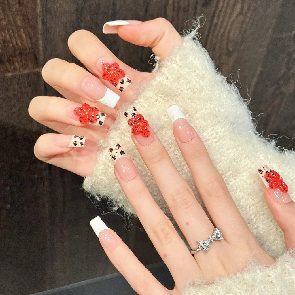 High Quality Hand Painting Leopard Press on Nails Handmade Thick Acrylic Red 3D Flower French White Fake Nail Tips