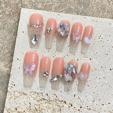 High Quality French Reusable Glue Glitter Luxury Millennial Hot Girl Sweet Cool Style Handmade Stick-on Nails