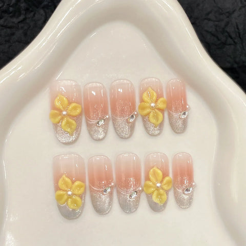Handcrafted Wearable Nails Sparkling Cat-eye Hand-painted Gradient Blush New Design Fully Handmade Wear-on Nails