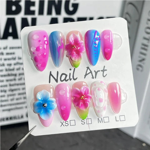 Handmade Manufacturer 3D Floral Carved Sexy Leopard Almond Blush Nails