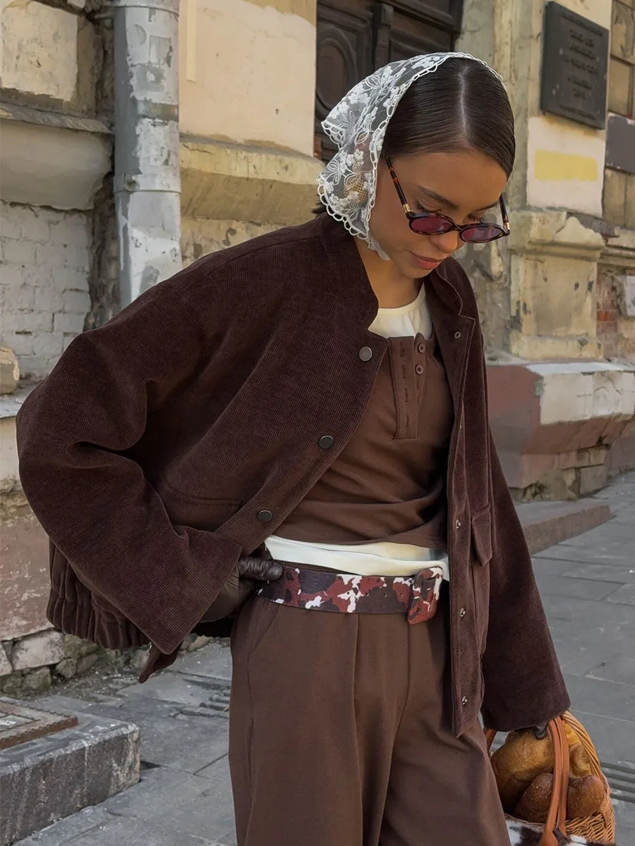 Brown Vintage Jacket Women 2025 Autumn Loose Coat Stand Collar Corduroy Jacket Single Breasted