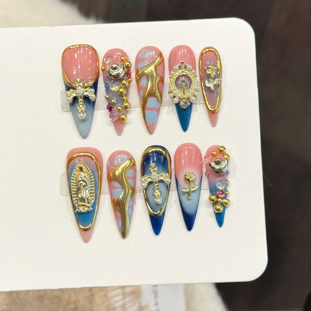 High Quality Acrylic Artificial Pearl Nail Tips Vintage Long Stiletto Pink Blue Gold Luxury Handmade Press on Nails