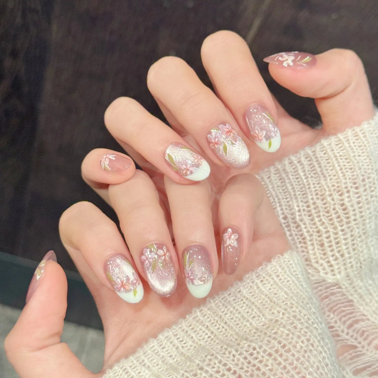Spring Luxury Handmade Pink Cat Eye Press on Nails Pure Painting Flower Nail Art Elegant Short White French Tips