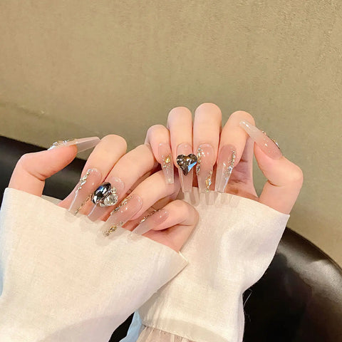 New Arriving Detachable Extra Long Gradient Handmade Nails Nude Rhinestone Luxury Press on Nails
