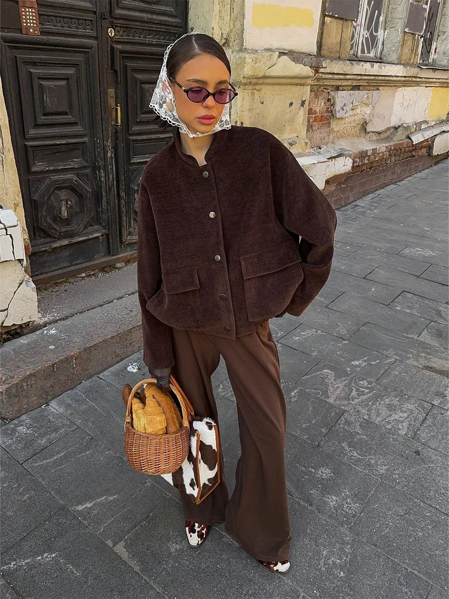 Brown Vintage Jacket Women 2025 Autumn Loose Coat Stand Collar Corduroy Jacket Single Breasted