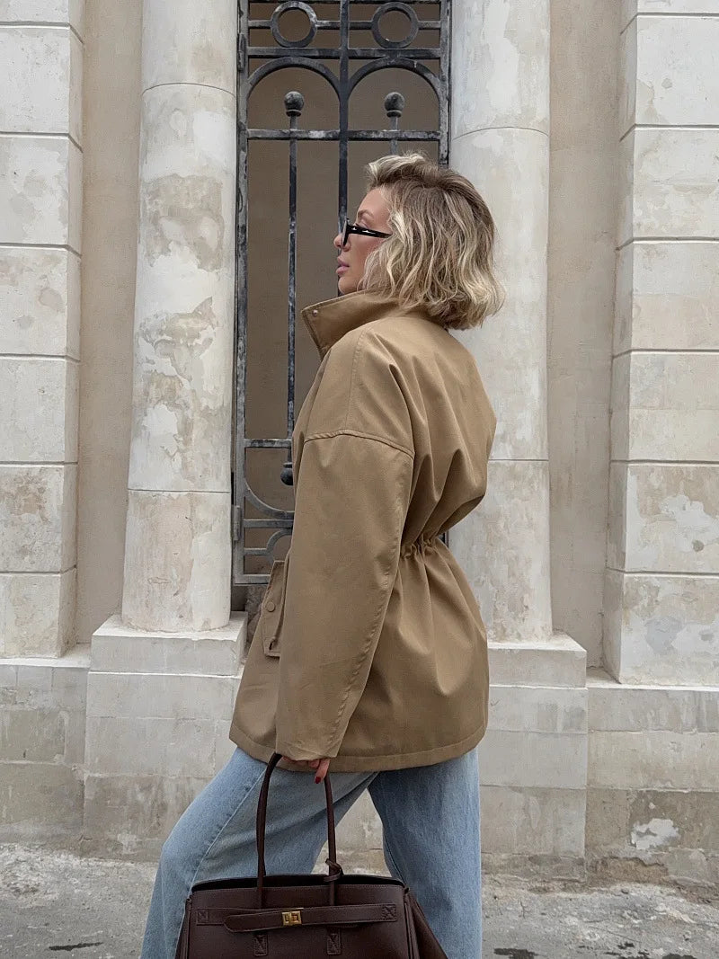Midi-Windjacke Herbst 2025, Stehkragen-Trenchcoat, Baumwoll-Windjacke für Damen 