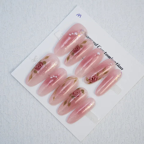 Design Transparent pink Fantasy Rose square Coffin on Nails